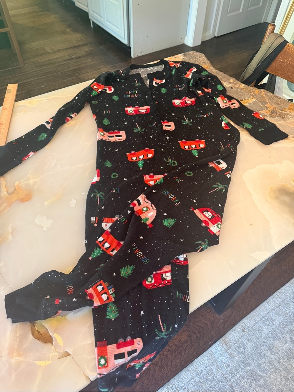 Womens Holiday Camper Print Black Onsie Set